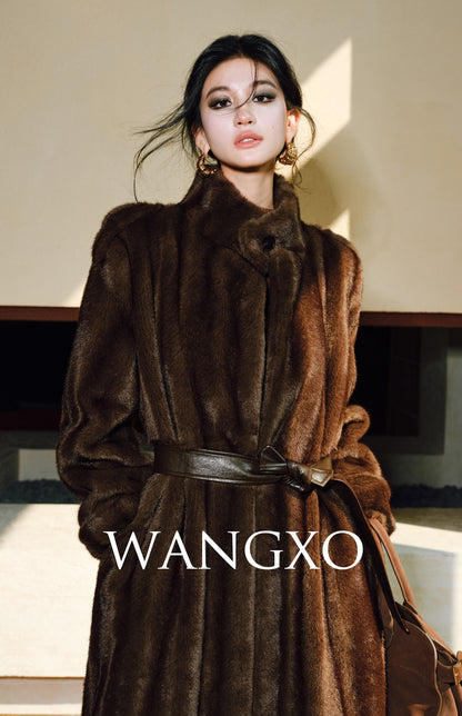 WANGXO | Tibetan Pas-Striped Mink Texture Belted Fur Coat -YUNI.