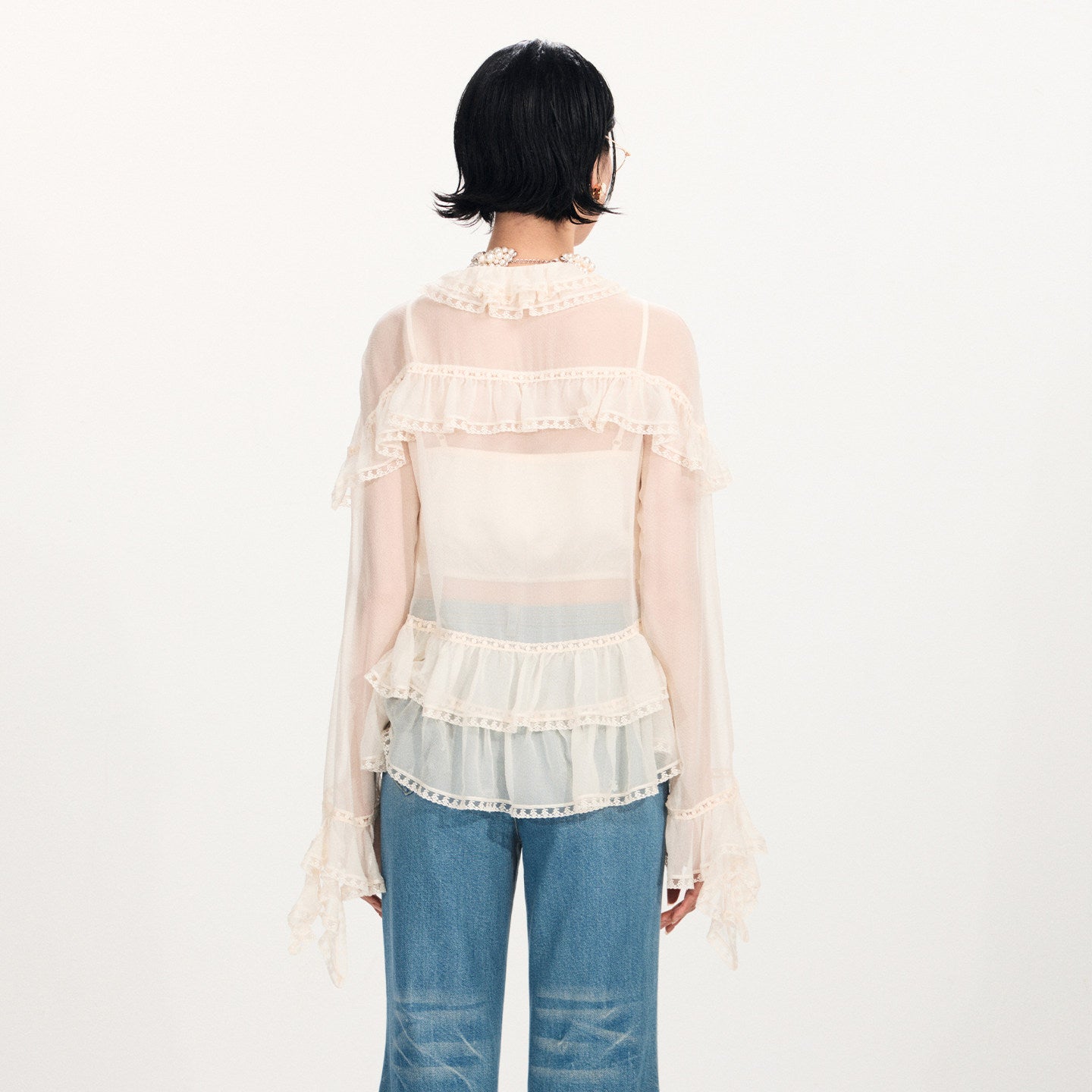 FAME Ruffle Collar Embroidered Trim Layered Mulberry Silk Top - JASON.