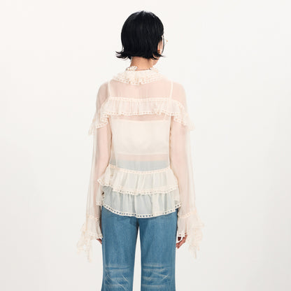 FAME Ruffle Collar Embroidered Trim Layered Mulberry Silk Top - JASON.