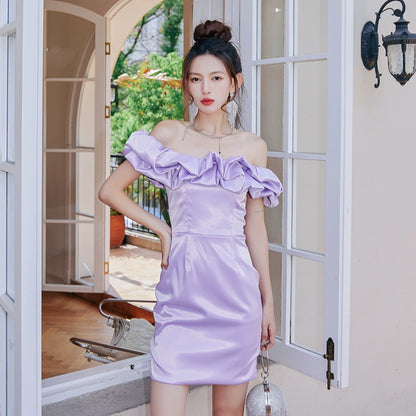 DOLLY Elegant Satin Ruffled Off Shoulder Tube Top Sim Fit Date Dress-AINSELY