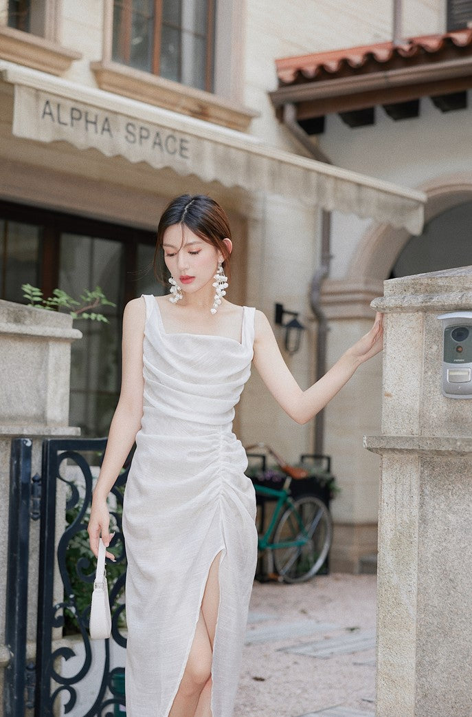 DOLLY High End White Retro Style Sleeveless Long Pleated Slit Cocktail Dress-SARAI