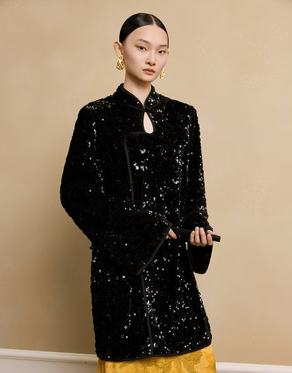 HECO floral sequins embroidery long sleeve short DRESS  - CUTE.