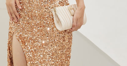 DOLLY Luxury Gold French Style Sleeveless Bright Sequin Mini Slit Dress-NELLIE