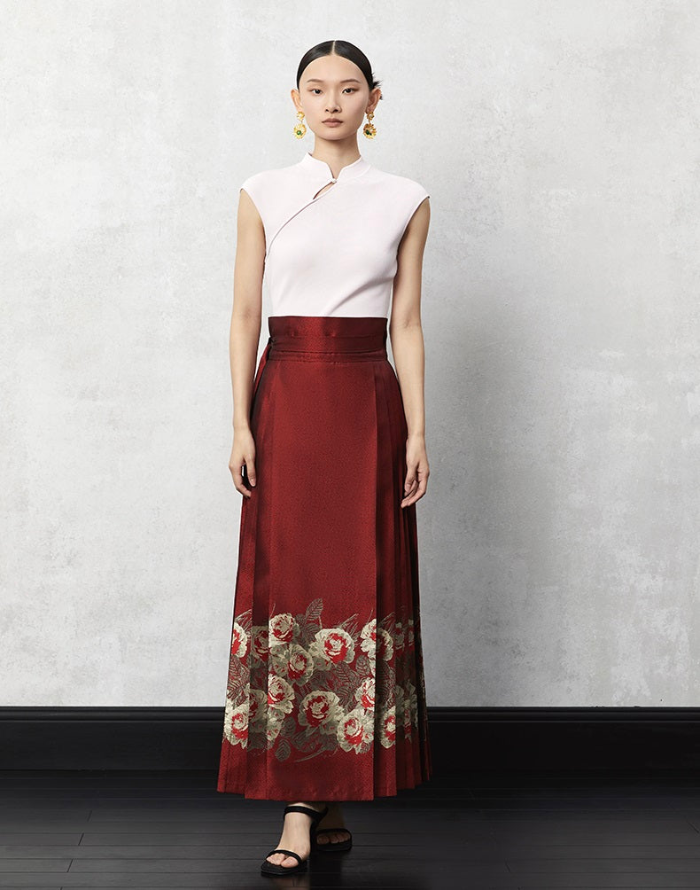 HECO Woven Gold Pattern Blue Horse Face Pleated High Waisted Skirt - tech.