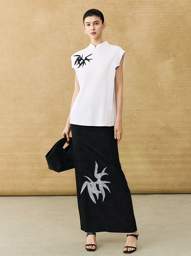 HECO Chinese high-end acetate bamboo feminine temperament printed slit skirt - COLT.