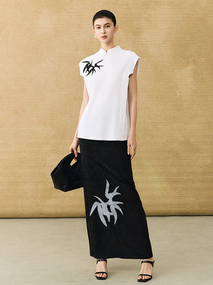 HECO Chinese high-end acetate bamboo feminine temperament printed slit skirt - COLT.