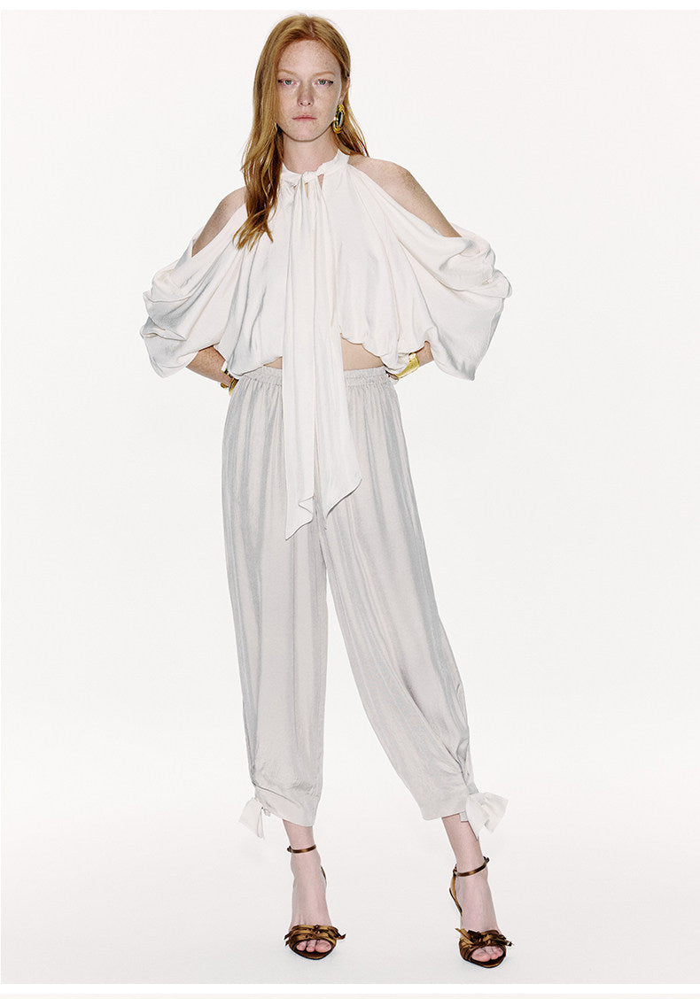 ATELIER MISS LU Bow Embellished Cinched Acetate Tapered Pants - VELVET.