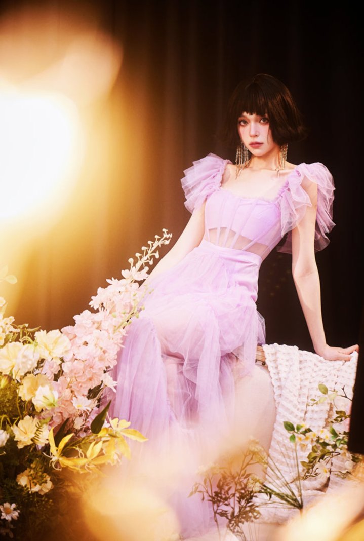 DOLLY High End Square Collar Short Ruffle Sleeves High Waist French Style Dress-MARIANA