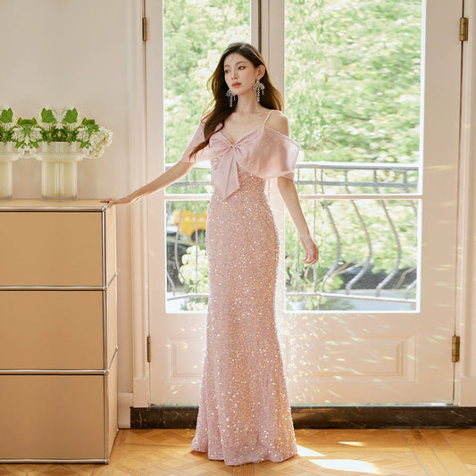 DOLLY Luxury Pink Off Shoulder Big Bow Body Shape Long Formal Dinner Dress-KATHY
