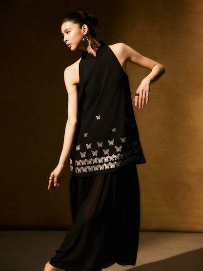 HECO Chinese butterfly sequin fake two-piece dress - CROWN.