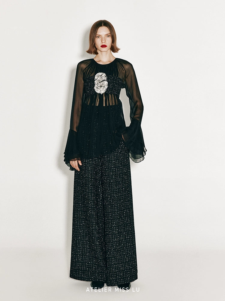 ATELIER MISS LU ultra-high-waisted design tweed wide-leg pants - VENUS.