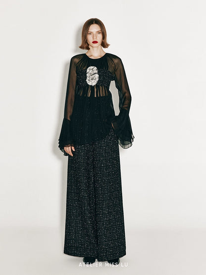 ATELIER MISS LU ultra-high-waisted design tweed wide-leg pants - VENUS.