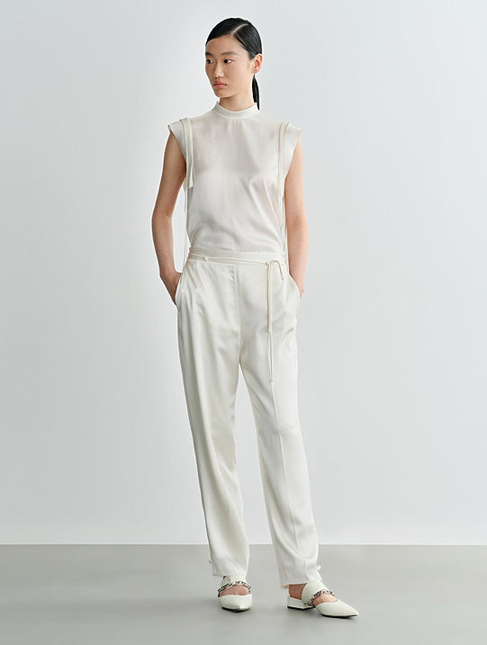 COMME MOI Lv Yan designer summer sleeveless stand collar triple acetate satin top - MEADOW.