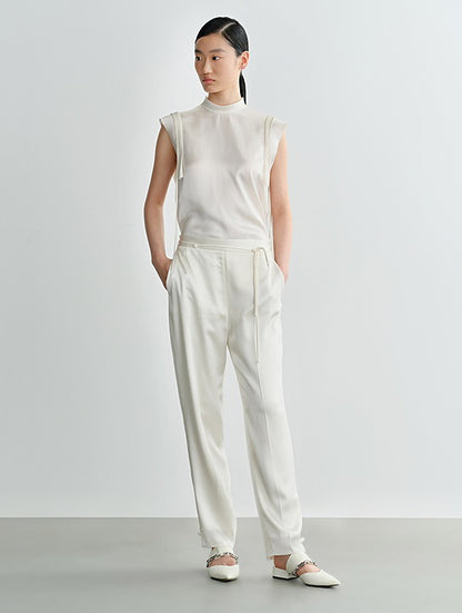 COMME MOI Lv Yan designer summer sleeveless stand collar triple acetate satin top - MEADOW.