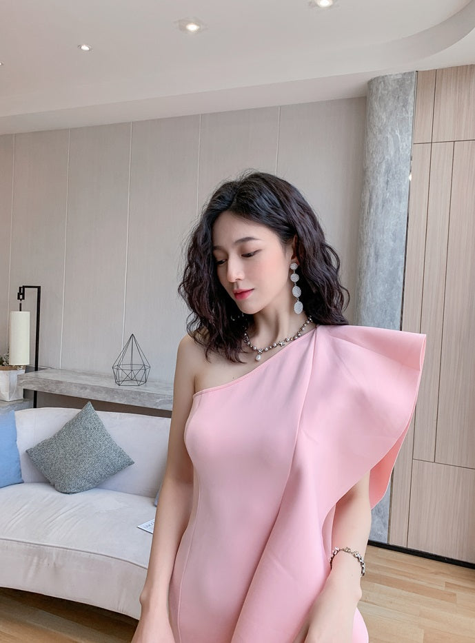 DOLLY Luxury French Style Ruffle One Shoulder Hip Hug Midi Dinner Dress-JEHO