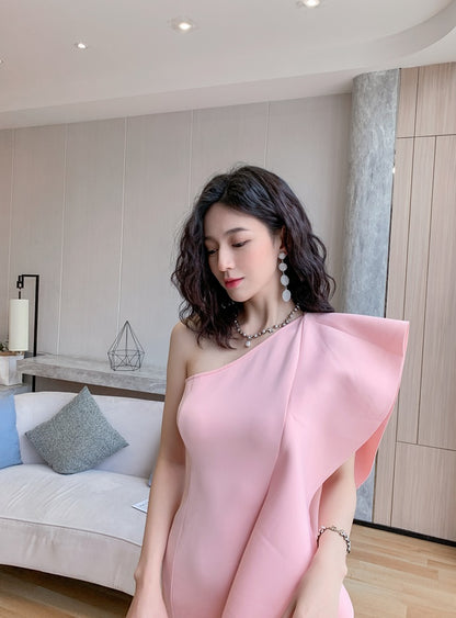 DOLLY Luxury French Style Ruffle One Shoulder Hip Hug Midi Dinner Dress-JEHO