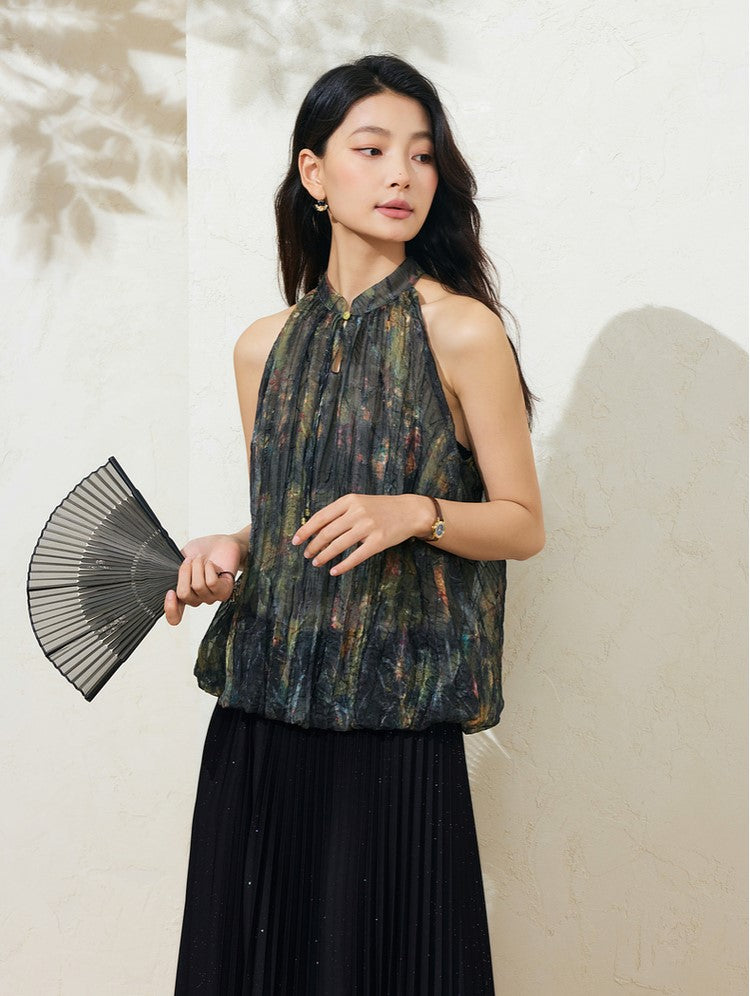 SUSHE Light Chinese smudge halter neck off-the-shoulder chiffon top -TESS