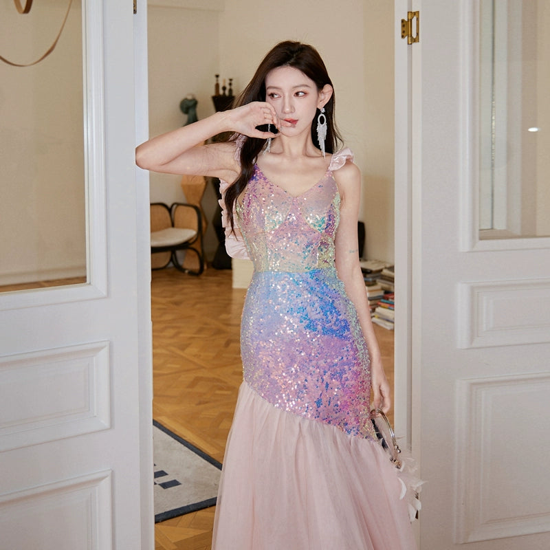 DOLLY Luxury Gradient Deep V-Neck Sleeveless Sequin Long Backless Party Dress-IVETTE