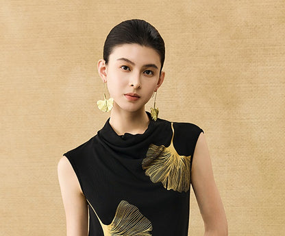 HECO Chinese Draped Summer Heavy Industry Ginkgo Biloba Print Slim Skirt - COLS.