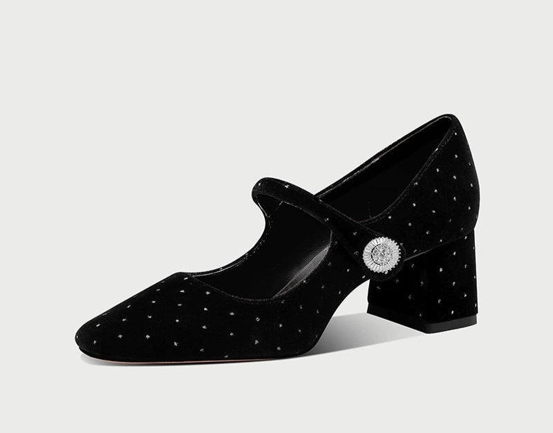 pjjuu Block heel strap black white polka Mary Jane pums - Goika