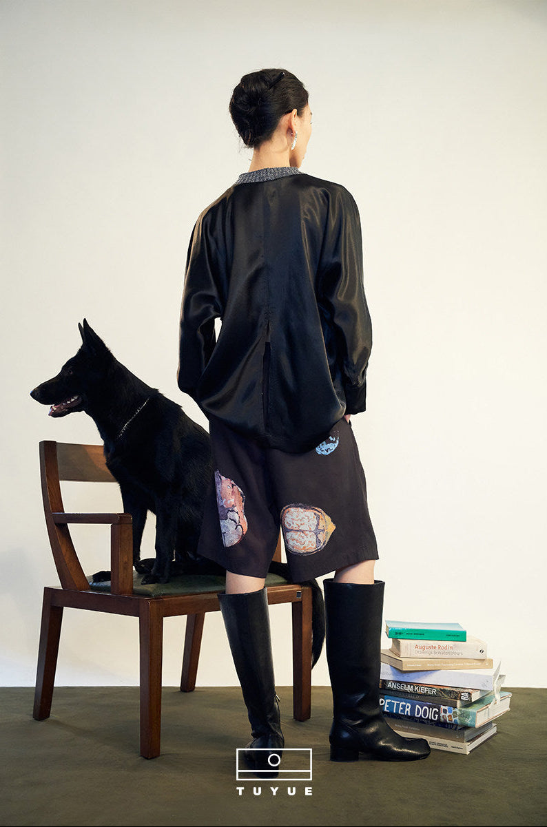 TUYUE Knit Collar Black Acetate Satin Silhouette Top - ARCHER.