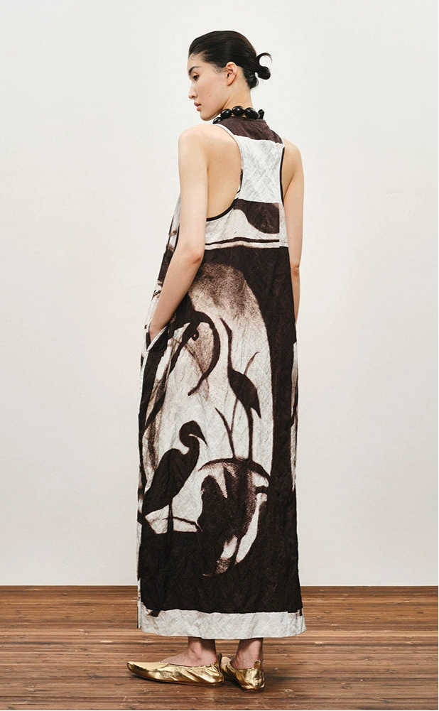 ZHUCHONGYUN flower manuscript sleeveless oriental cocoon dress-STORK.