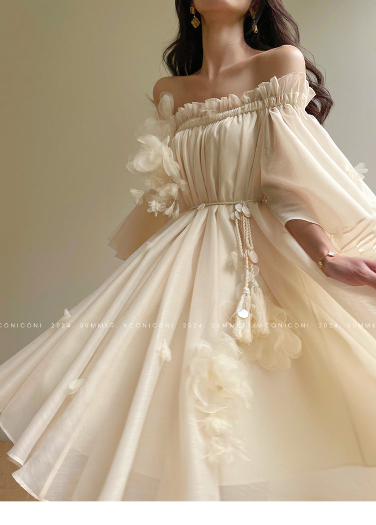 Aconiconi Luxury Off-Shoulder Flower Short Sleeve bridal baby doll Dress - Magnolia Lotus Fragrance