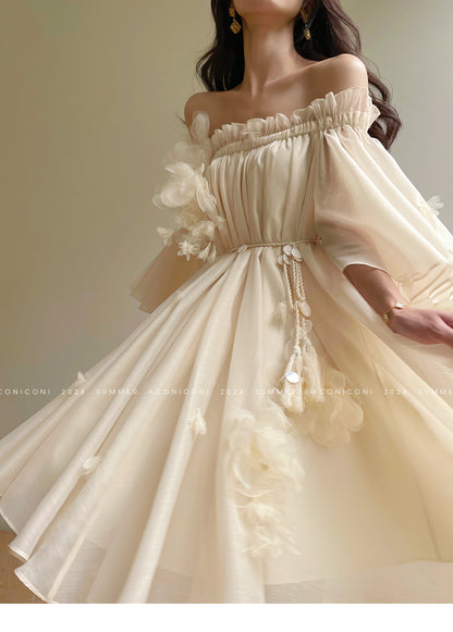 Aconiconi Luxury Off-Shoulder Flower Short Sleeve bridal baby doll Dress - Magnolia Lotus Fragrance