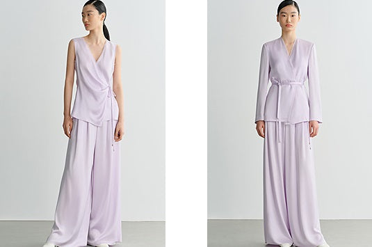 COMME MOI Lv Yan designer summer women's purple double-faced satin straight pants - HARTLEY.