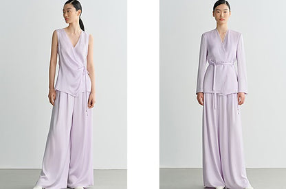 COMME MOI Lv Yan designer summer women's purple double-faced satin straight pants - HARTLEY.