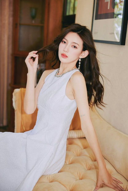 DOLLY Elegant White Crew Neck Sleeveless Long A-Line Dinner Dress-SIBYL