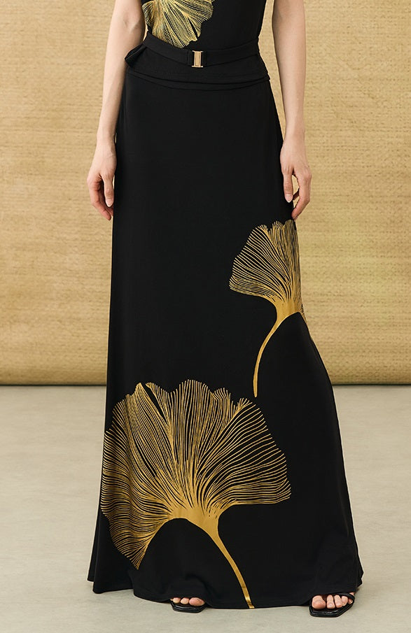 HECO Chinese draped skirt summer fashion ginkgo print skirt set - AFLORAL.