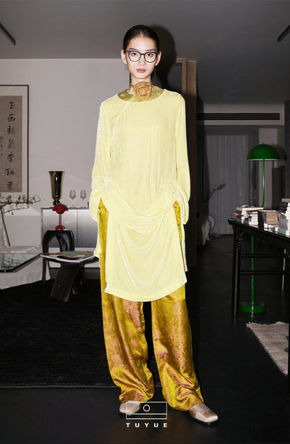 TUYUE Sustainable Fashion Silk Velvet Pine Color Drape Dress- DAVID.
