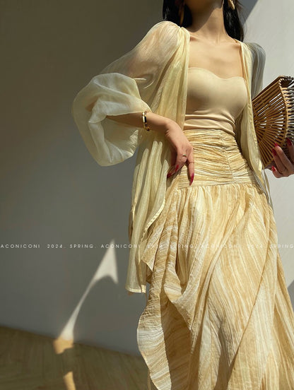 Aconiconi Elegant Wave Pattern Long Sleeve Loose Wedding Guest Dress- Dune