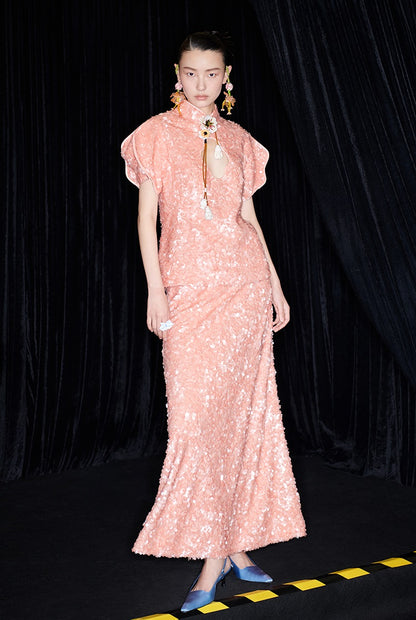 M essential Mackay designer label orange embroidered stand-up collar frame structure slim top - DEMI.