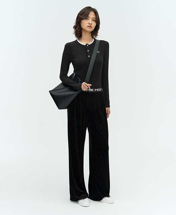 COMME MOI Lu Yan designer new women's velvet acetate logo wide-leg pants - FEEL.