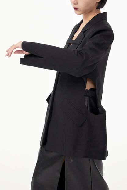 TINYIN  waist silhouette blazer women's one-button mid-length green black-ZYN