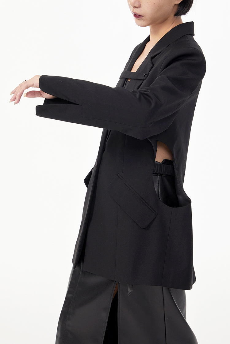 TINYIN  waist silhouette blazer women's one-button mid-length green black-CHI