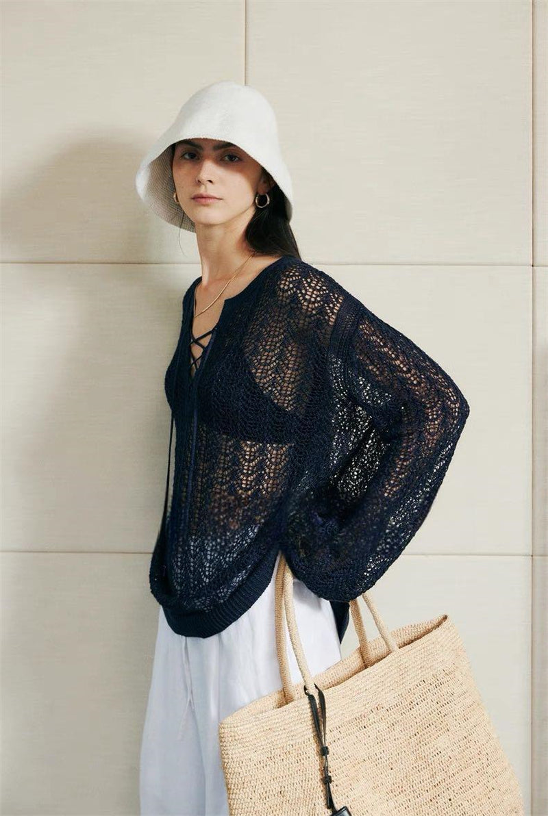 PIAOIN light luxury cut-out lace-up yarn knitted blouse women's loose Tencel jacket -WILLOW