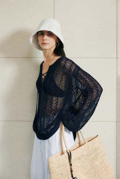 PIAOIN light luxury cut-out lace-up yarn knitted blouse women's loose Tencel jacket -WILLOW