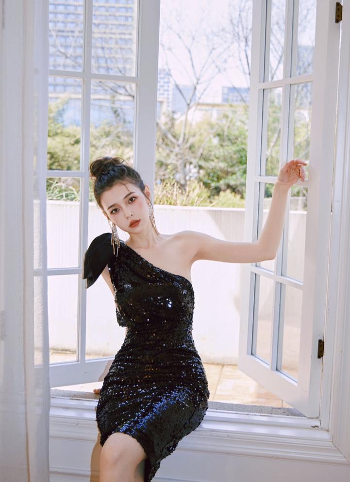 DOLLY Elegant Black Sleeveless Bow One Shoulder Slim Fit Short Dinner Date Dress-LUISA