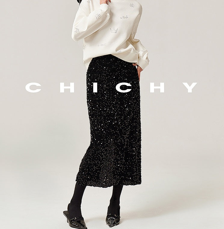 CHICHY temperament velvet sequin black A-line straight skirt -TRACY