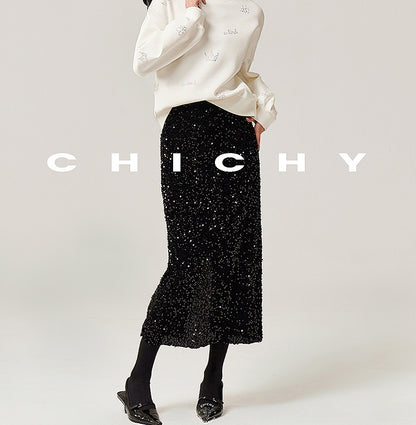 CHICHY temperament velvet sequin black A-line straight skirt -TRACY