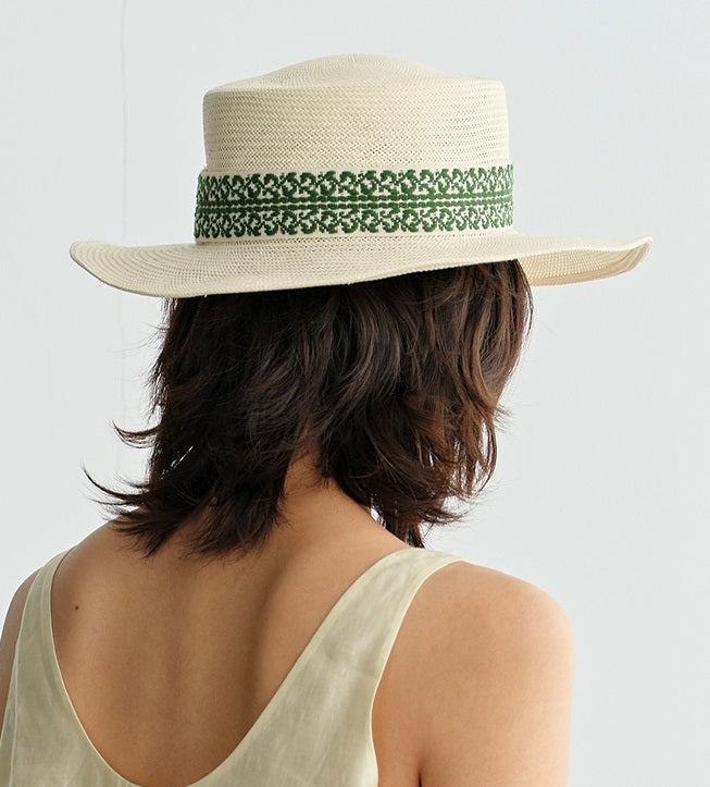 COMME MOI Lv Yan Designer Summer Women's Green Flower Fabric Ribbon Straw Hat - CLAIRE.