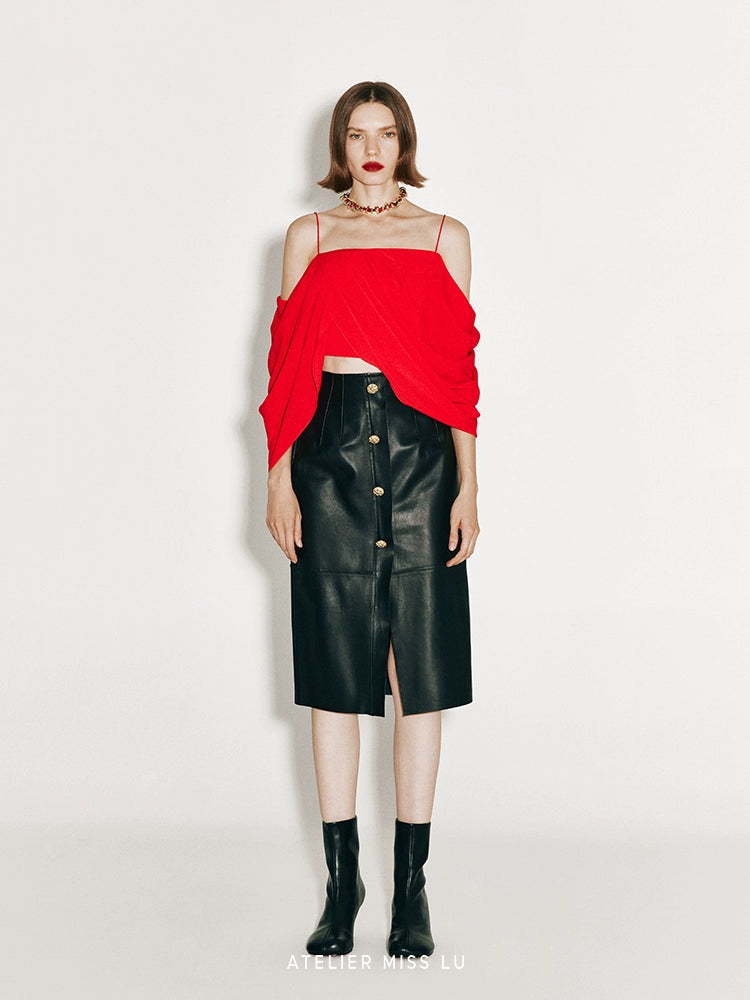 ATELIER MISS LU irregular draped design off-the-shoulder suspender top - KING.