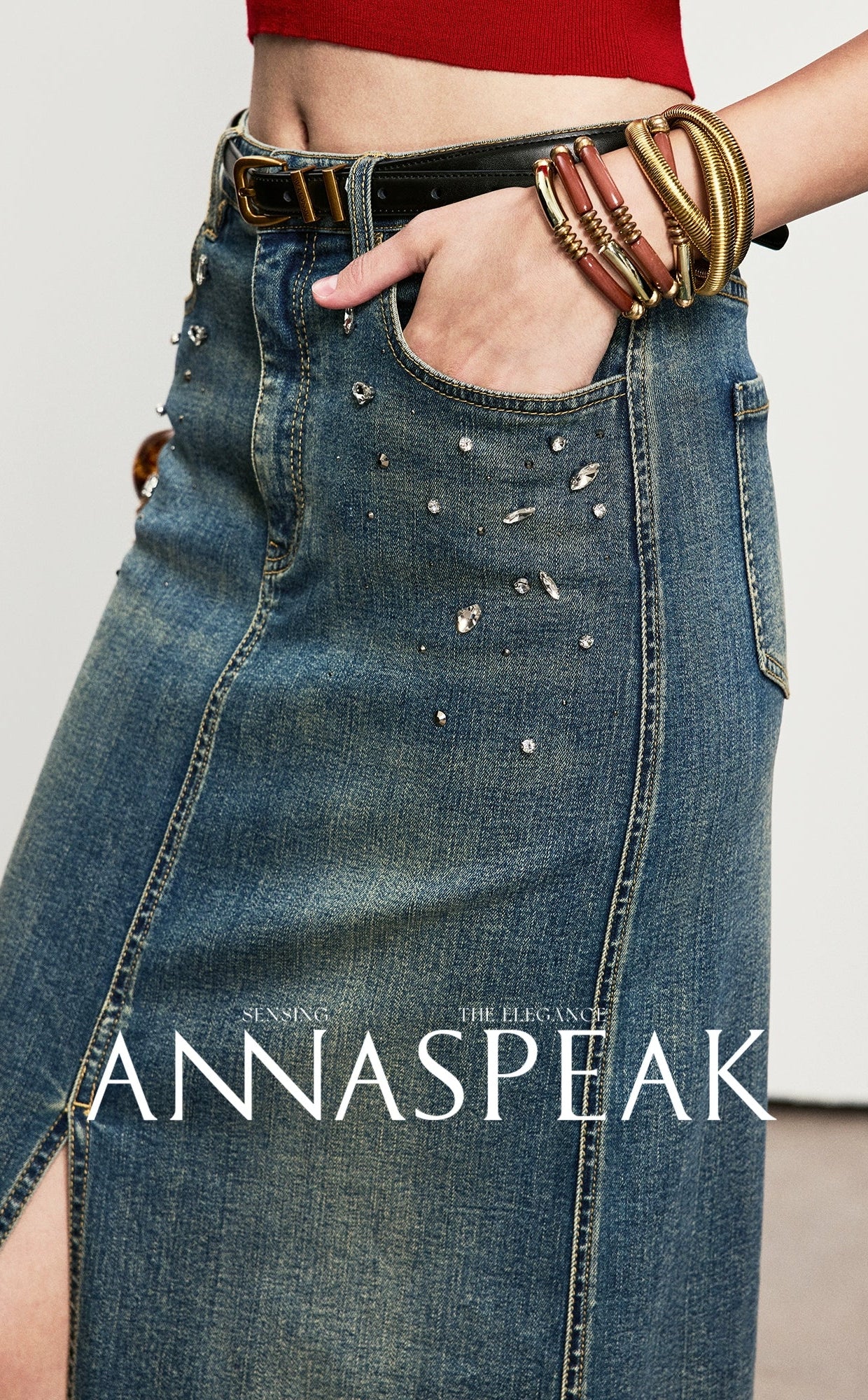 ANNASPEAK Denim long staple cotton slit skirt denim skirt-ISLE.