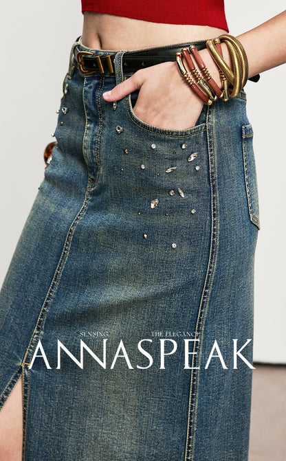 ANNASPEAK Denim long staple cotton slit skirt denim skirt-ISLE.