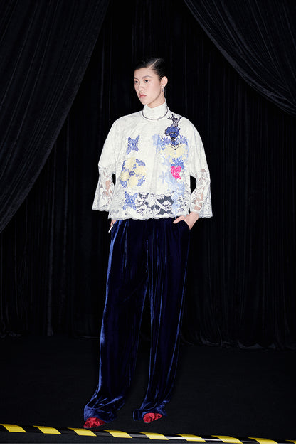 M essential Mackay designer White Lace atelier layered lace inlay top blue velvet pant- olay.