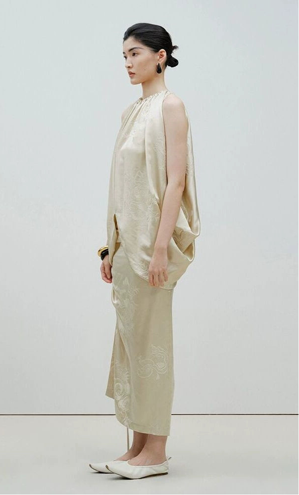 ZHUCHONGYUN Jacquard Drawstring Mulberry Silk Top-MAROON.