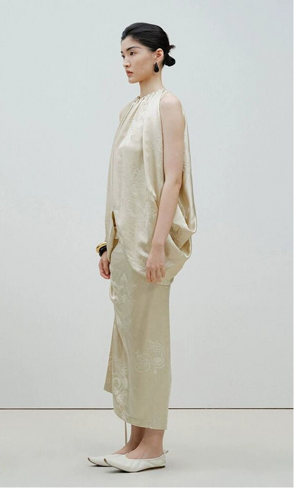 ZHUCHONGYUN Jacquard Drawstring Mulberry Silk Top-MAROON.